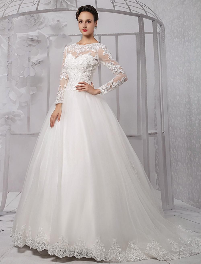 Robe de Mariée Princesse en Dentelle Manches Longues Perles avec Traîne / Réf : RMP43