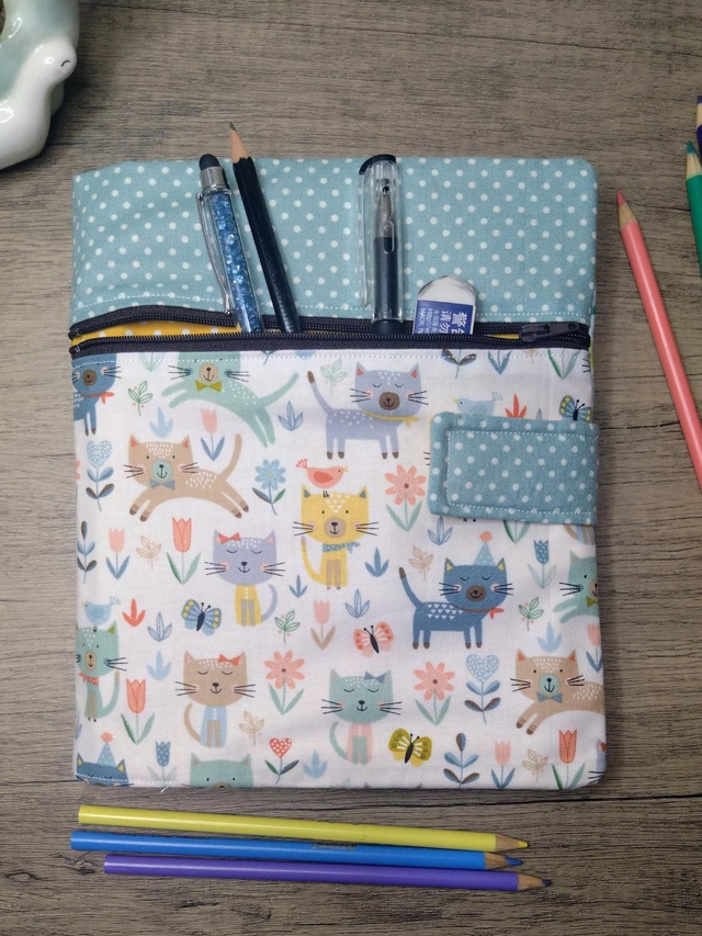 Happy cats fabric sketchbook cover with pencil case 