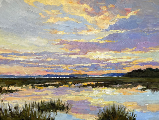 Sunrise over the river. Oil painting on canvas