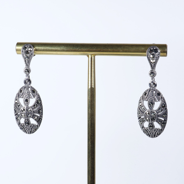 Pair of Elegant Sterling Silver 925 Art Deco Style Marcasite Gemstone Ornate Oval Shield Design Drop Dangle Earrings