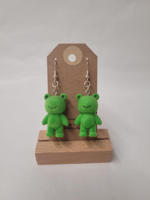 Green Fuzzy Frog Charm Drop Earrings - Silver Plated - HBH-023