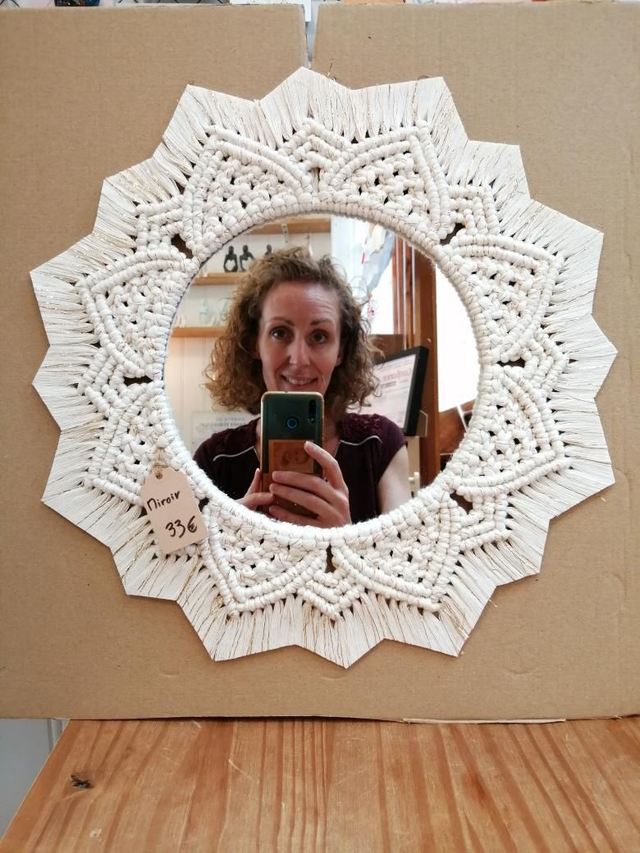 Miroir macramé blanc et doré