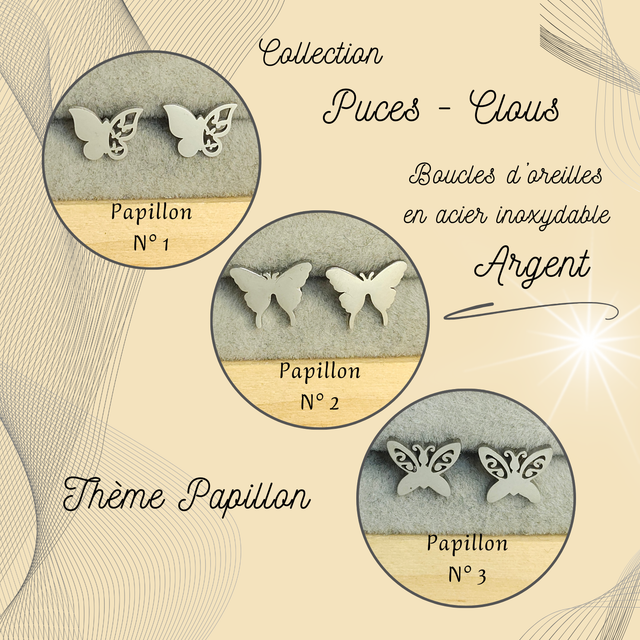Clous d&#039;oreilles - Thème Papillon - Acier Argent