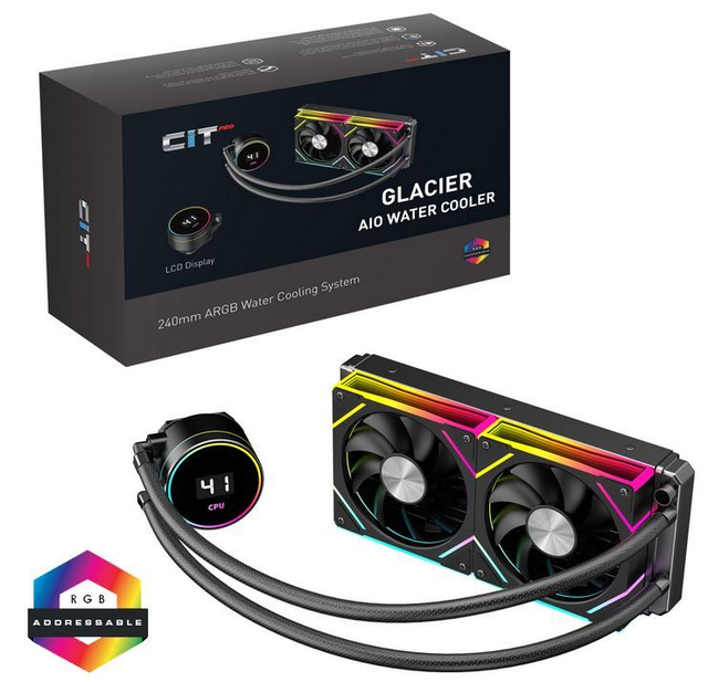 CiT Pro Glacier AIO CPU Watercooler 240mm Black With Temperature Display