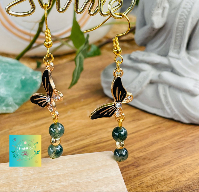 🦋Boucles d'oreilles dorées en Agate mousse 