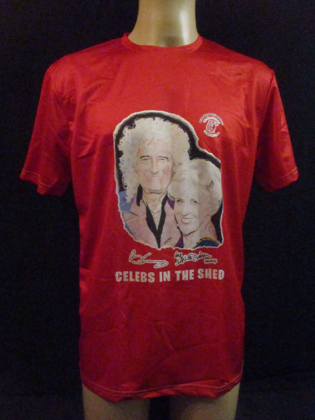 Anita Dobson &amp; Brian May Signed Picture T-Shirt ADULT 100% Polyester Crew Neck RED (Large) Top 