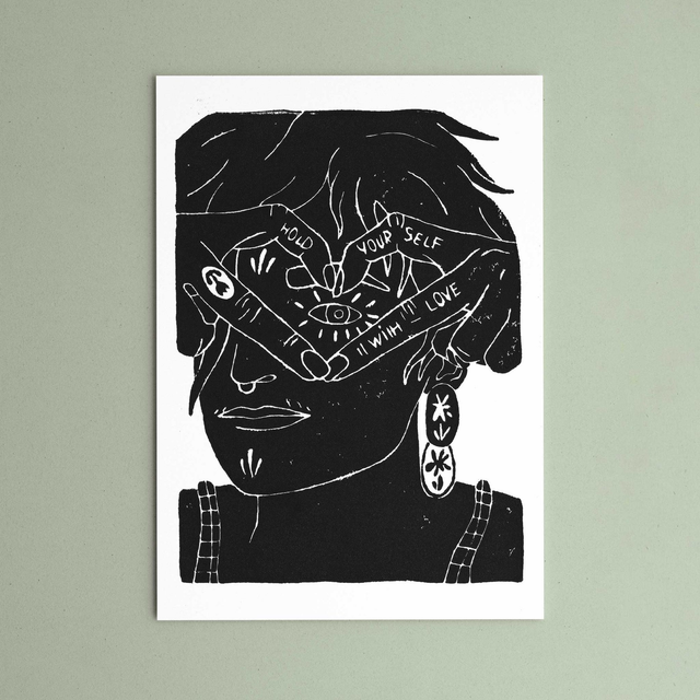 Linogravure "Hold yourself with love" -  Portrait d'une personne queer