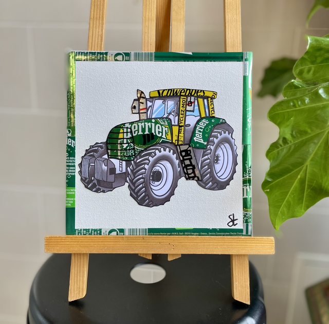 Tableau tracteur 20x20 cm réalisé avec des canettes recyclées 