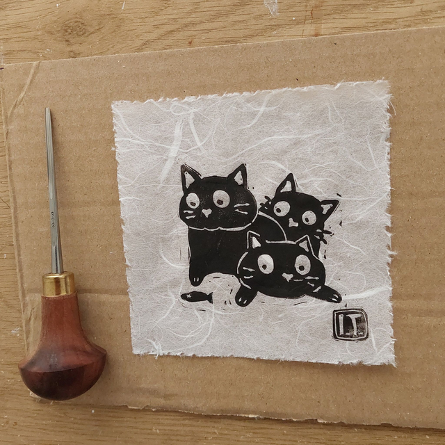 Quirky cats - linocut black kitties - Handprinted
