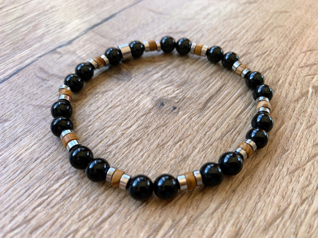 Bracelet Tourmaline et Bois pétrifié - Perles de 6mm