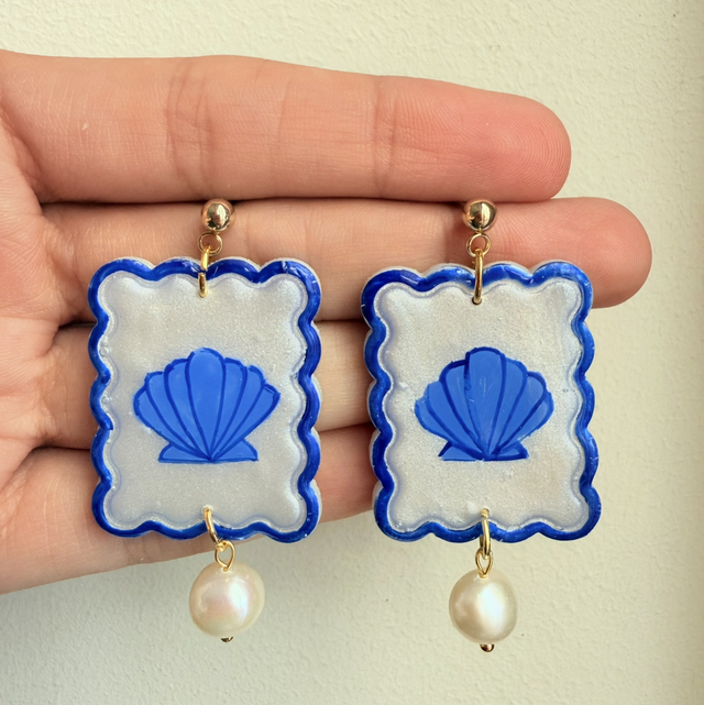 Blue Shell Pearl Wavy Tile Earrings