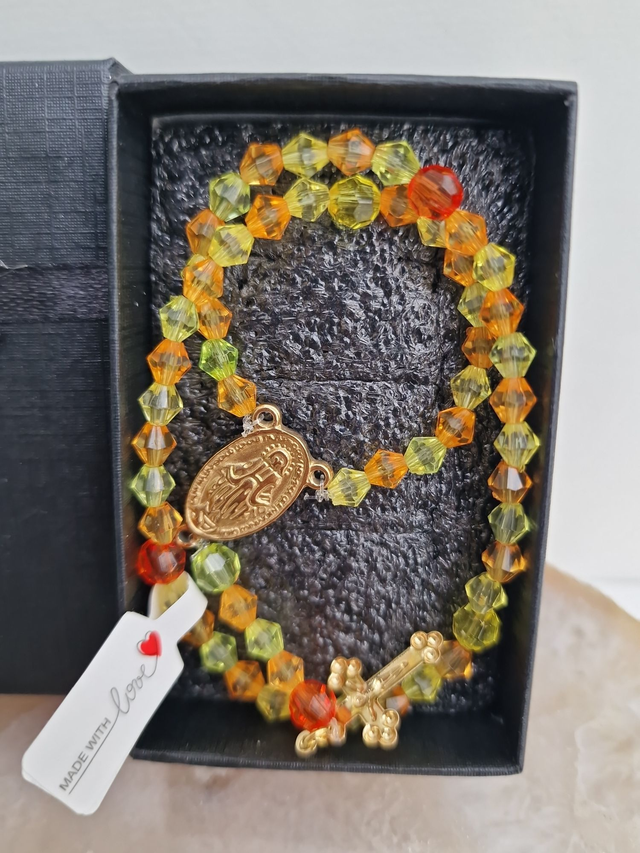 Petit Chapelet Voiture Sac Acier Doré Perles Jaune Orange