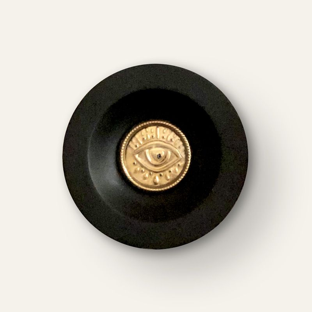 Oeil métal doré, cadre vintage en bois noir