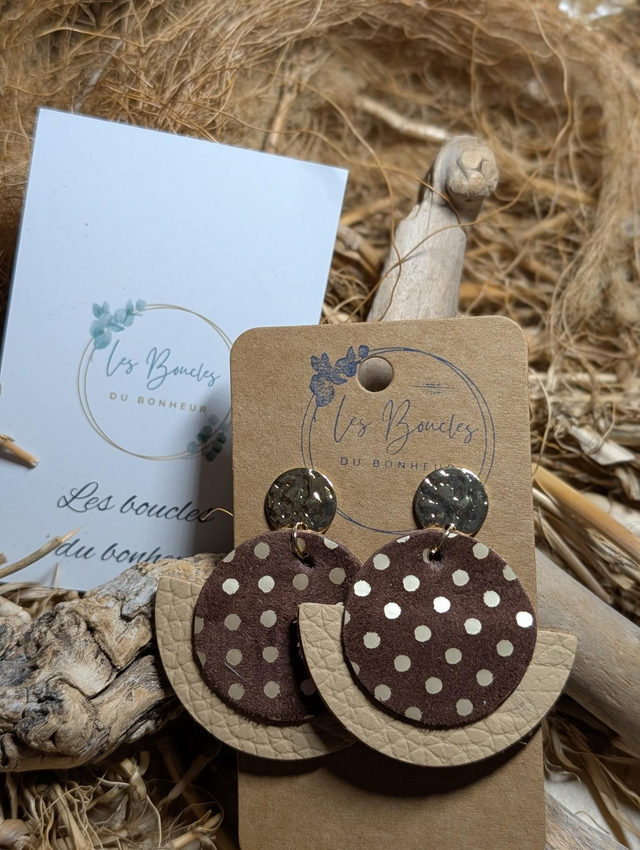 Boucles d'oreilles Dona beige marron glacé à pois do129