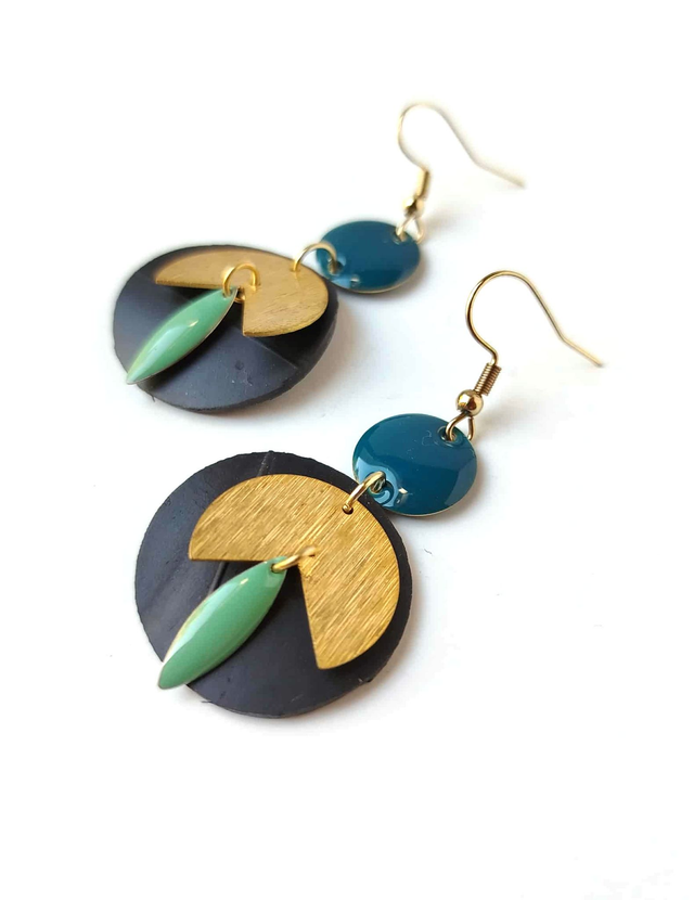 Boucles d&#039;Oreilles Asymétriques Upcyclées  en Chambre à air Recyclée - Bleu canard