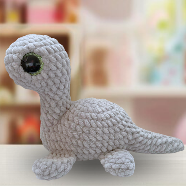 Crochet Plush Chenille Nessie, Grey, Glitter Eyes, Ukca tested
