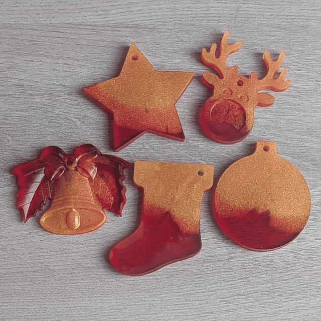 5 Suspensions de Noël en résine époxy personnalisables | couleurs rouge - or