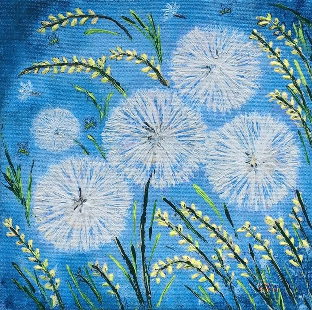 Tableau Pissenlits Abstrait 🌼 | Art Moderne & Poétique – Fond Bleu Apaisant 🎨