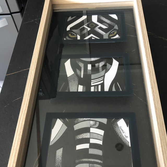 éléphant - triptyque - 25 x 52 cm - encadrement bois 