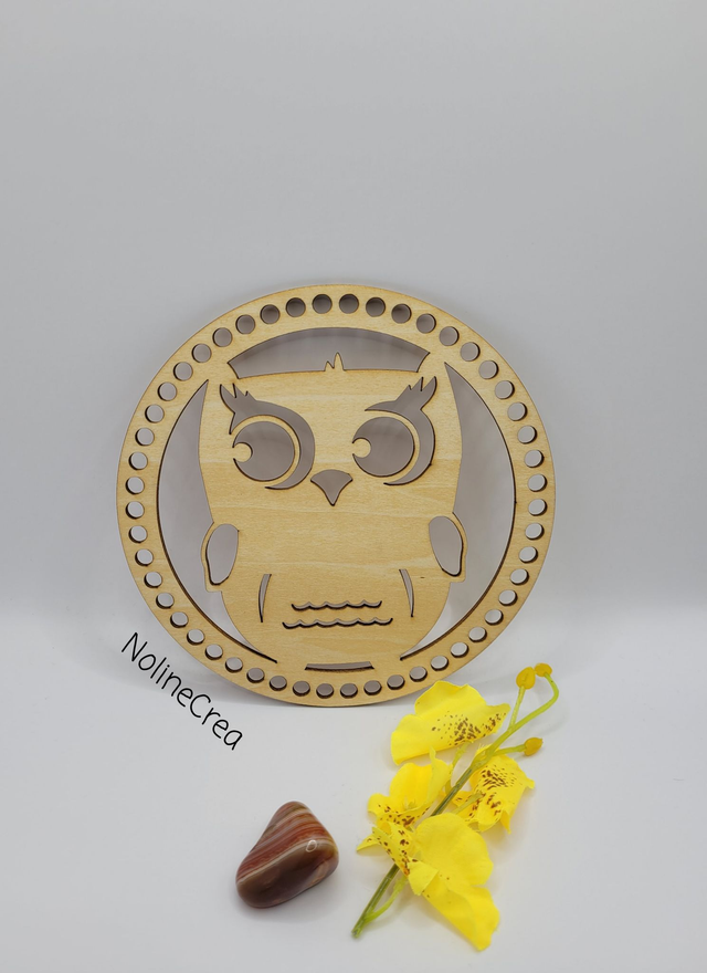 Base ronde en bois sculpté hibou, base ronde 15 cm bois pour crochet