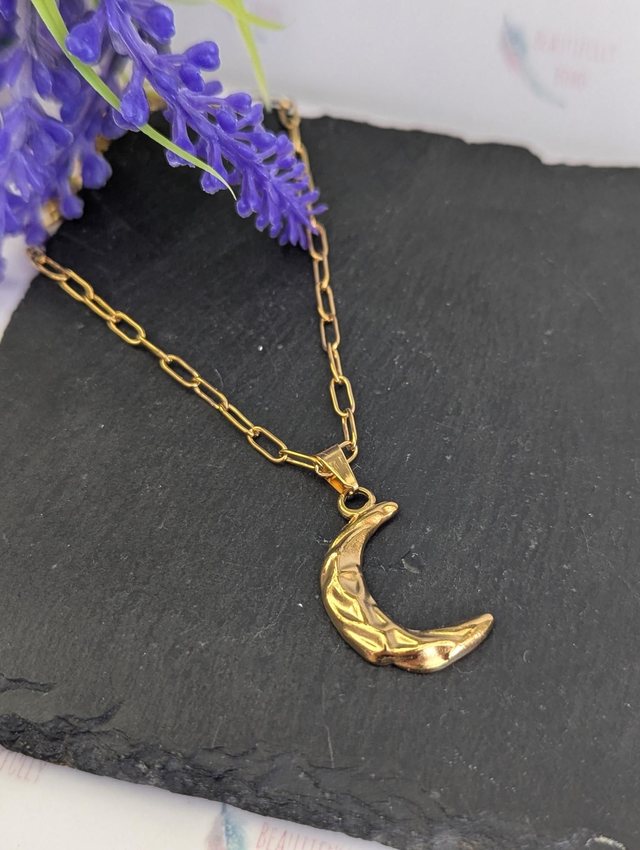 Gold Tone Plated Stainless Steel Necklace with Moon/Crescent Pendant.