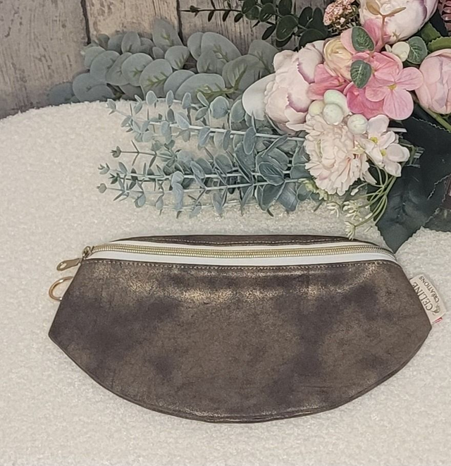 Sac banane simili cuir taupe doré