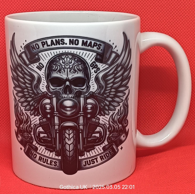 Custom Printed No Plan, No Map Biker Mug.