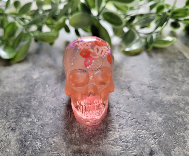 Skull Ornament - Medium - Pink Glitter Lips, Sprinkles, Kisses 