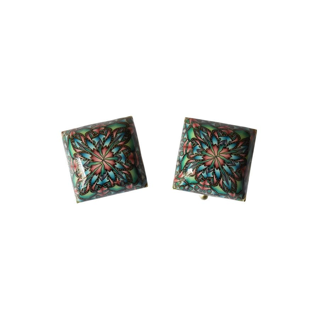 Boutons de manchette carrés mandala rose vert