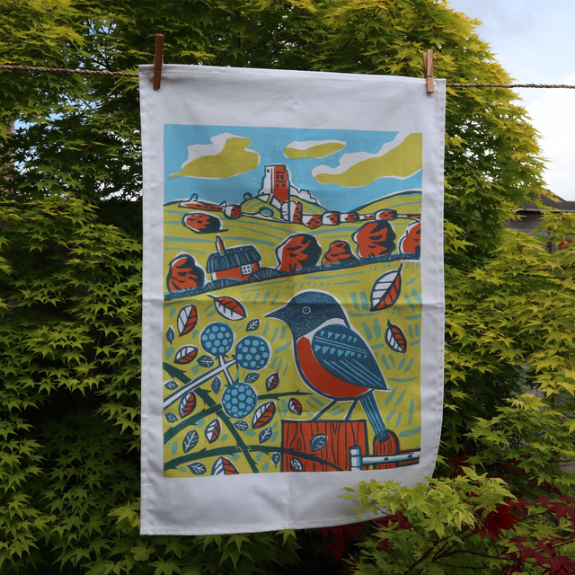 Corfe Castle Stonechat Tea Towel