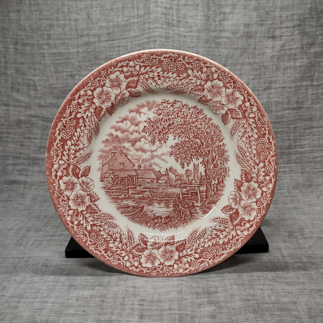 Broadhurst | Ontbijtbord Plat bord (diameter 20,5 cm | hoogte 2,5 cm) met &#039;Watermill&#039; motief in roze kleur | Vintage