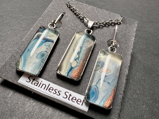 Cream, Blue & Copper Fluid Art Jewellery Set