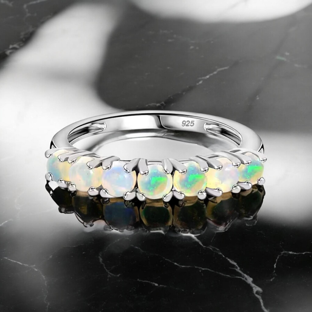 Beautiful Natural White Opal &amp; Platinum Vermeil Ring.
