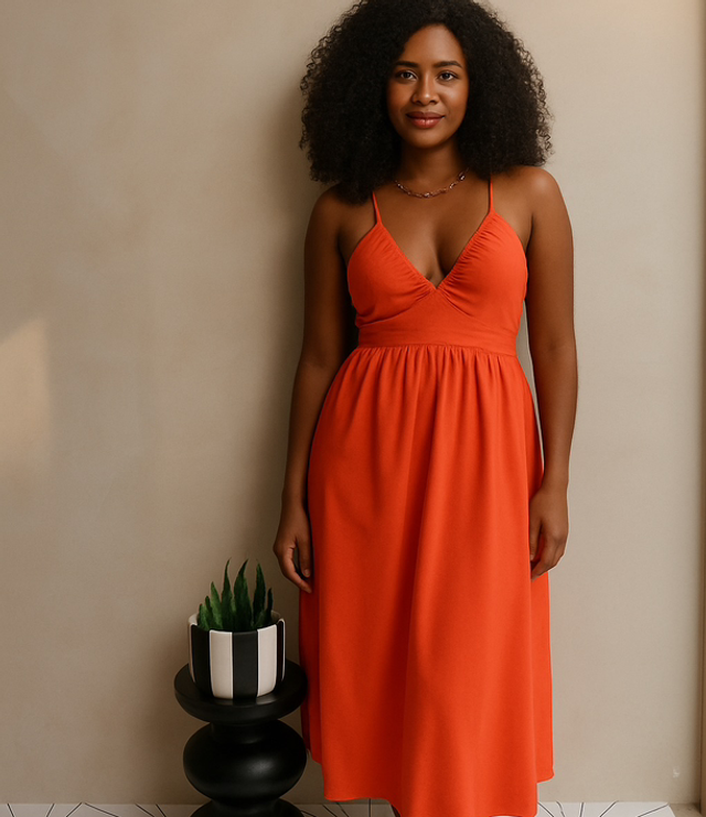 60-5. Robe longue en lin mélangé à dos ajouré 