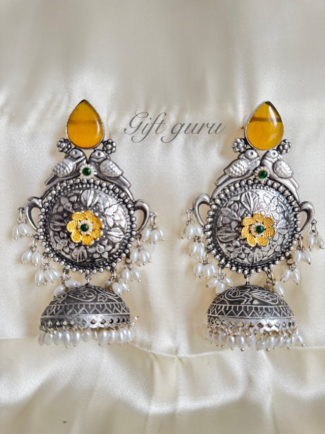 Yellow Stone Oxidised Parrot Jhumkas with Pearl Hangings &amp; Gold Flower in the Middle