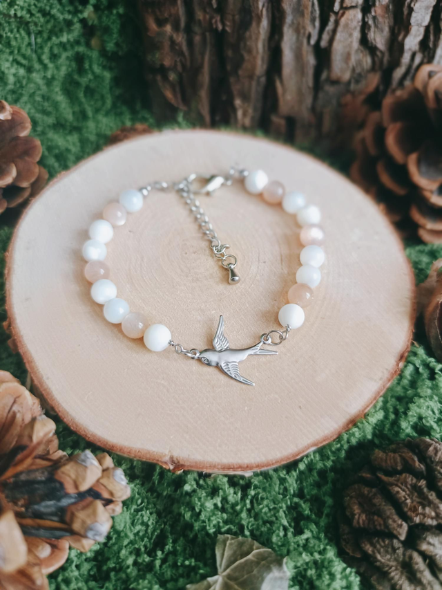 BRACELET - PEACE &amp; LOVE (pierre de lune pêche et nacre)