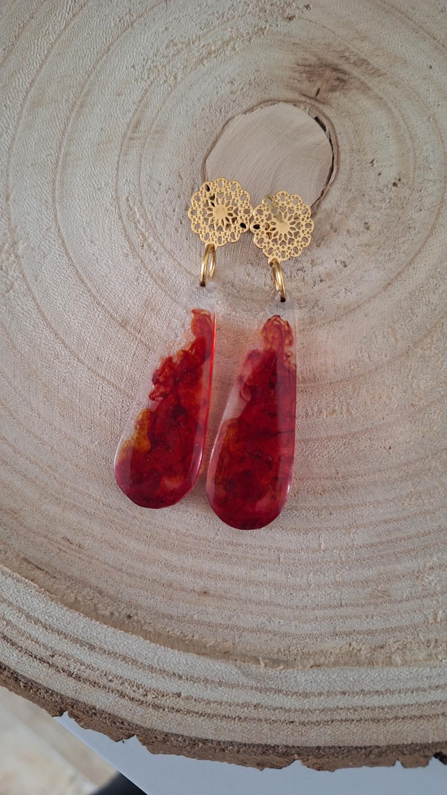 Boucles d'oreilles rosaces dorées gouttes longues rose/jaune
