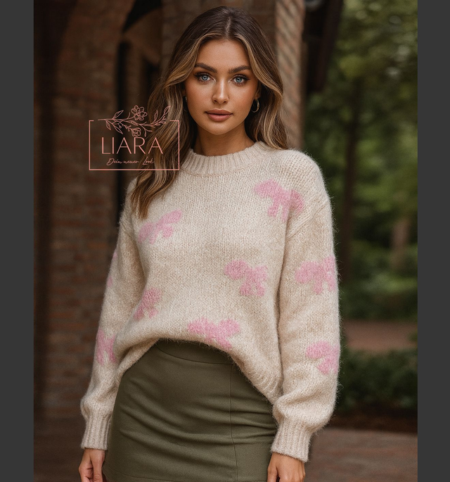 Süßer Strickpullover mit rosa Schleifen Onesize
