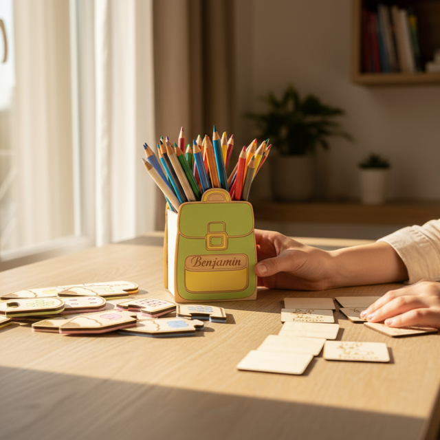 Pot à crayons et stylos en bois, cadeau pour enfants, décor cartable