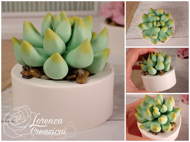 Pianta grassa verde chiaro e punte sul giallo, succulenta, artigianale modellata a mano in argilla polimerica (fimo). Made in Italy.