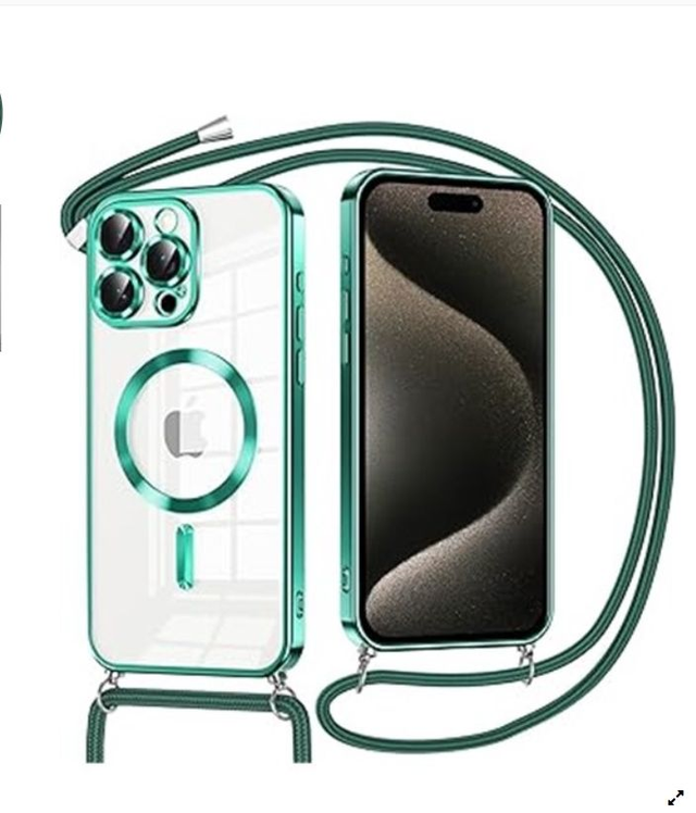 Oelrstfe Funda Magnética para iPhone 15 Pro-MAX con Cuerda, Compatible con MagSafe, Transparente Carcasa con Collar