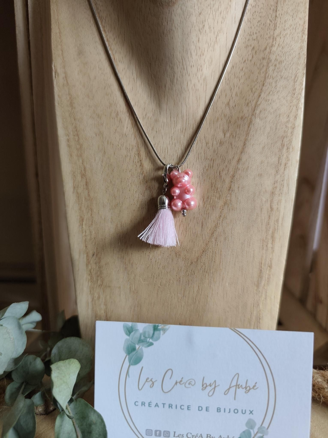 COLLIER ARGENT/ OURS ET POMPON ROSE 0000958