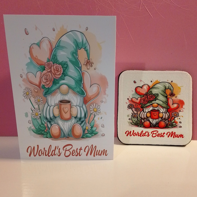 Gonk /  Gnome Themed MOTHER'S DAY  Card &amp; Coaster Set - 4 Designs