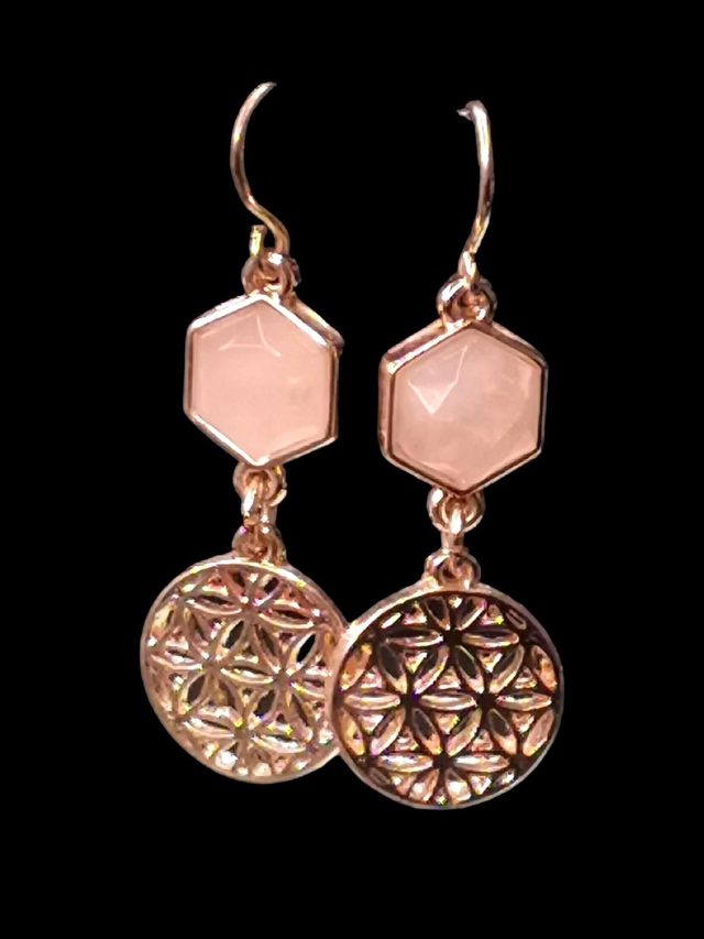 Boucles d&#039;oreilles fleur de vie quartz rose 