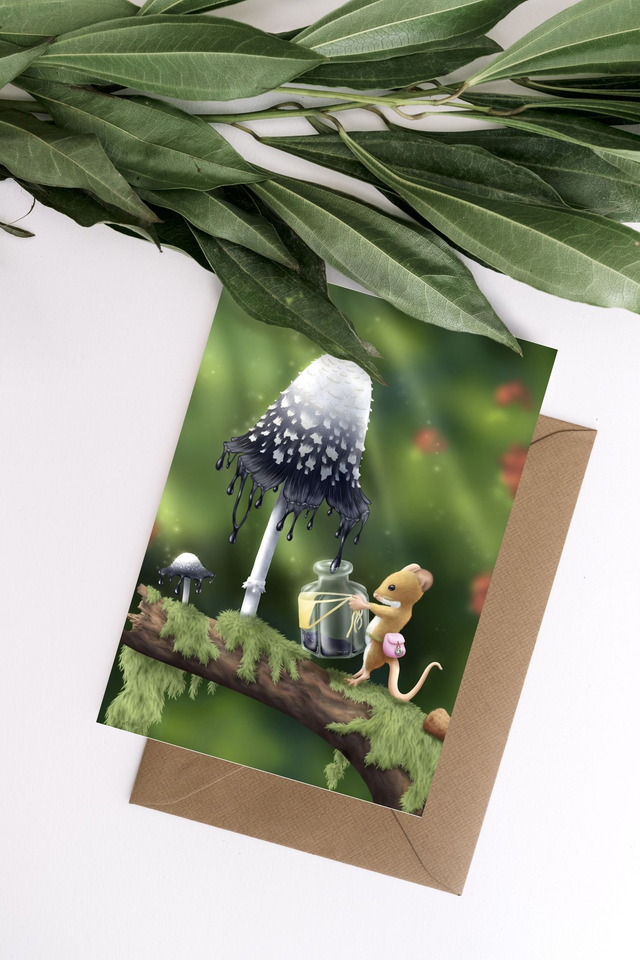 Carte postale d&#039;une souris et d&#039;un champignon