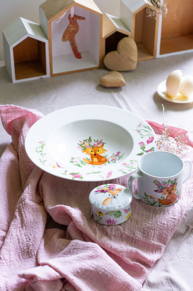 Ensemble assiette, tasse, premier repas bébé, motif renard à personnaliser, boite à dents, idée cadeau de naissance, baptême, anniversaire