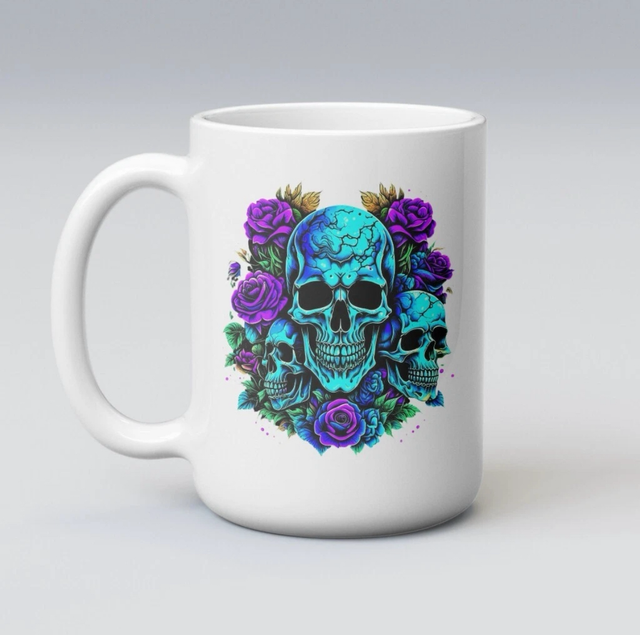 Floral Skulls Teal &amp; Purple 11oz Mug White