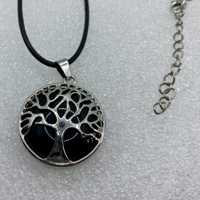 Pendentif Arbre de Vie Obsidienne noire - Cordon PU