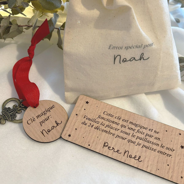 Clé magique du Père Noël – Sac en coton personnalisé avec prénom