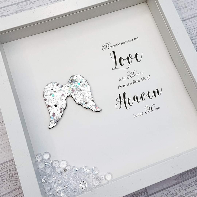 Because someone we love is in heaven, silver angel wings frame | In loving memory, bereavement, sympathy, condolence gift | Baby loss  (1)